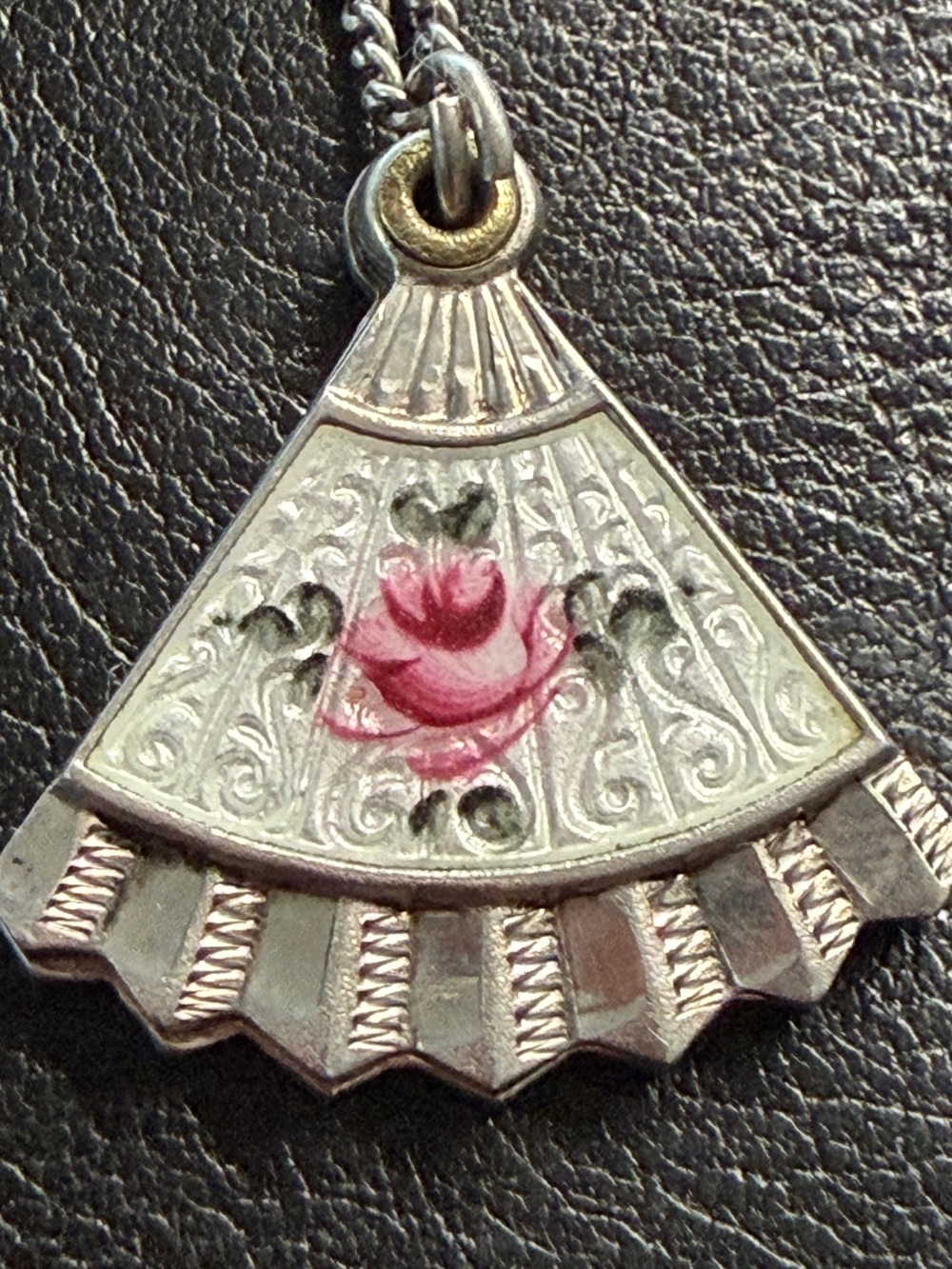 Vintage 925 Guilloche Enamel Rose Slide Hand Fan 4-Way Religious Medal Necklace - Picture 3 of 16